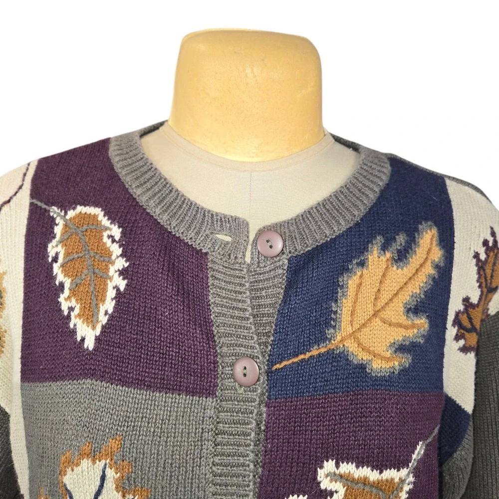 Chrysantheme Woman Leaf Patchwork Cardigan Sweater Grey 14/16 Earthy Art to Wear